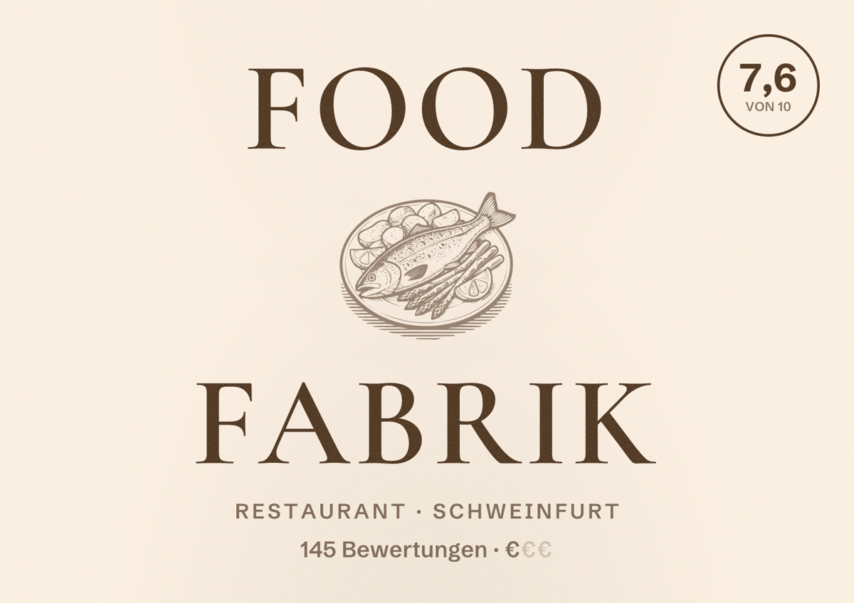 Illustriertes Poster von Food Fabrik, Restaurant in Schweinfurt: Bewertung 7,6 von 10 aus 145 Bewertungen, Preisniveau €