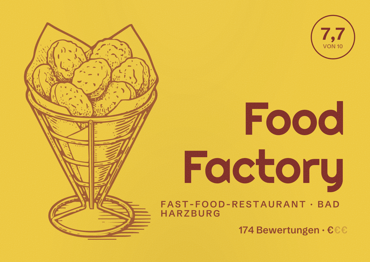 Illustriertes Poster von Food Factory, Fast-Food-Restaurant in Bad Harzburg: Bewertung 7,7 von 10 aus 174 Bewertungen, Preisniveau €