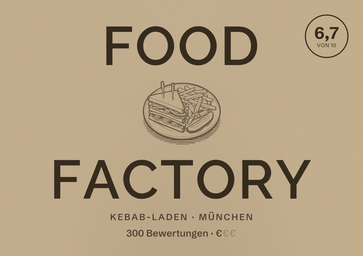 Illustriertes Poster von FOOD FACTORY, Kebab-Laden in München: Bewertung 6,7 von 10 aus 300 Bewertungen, Preisniveau €
