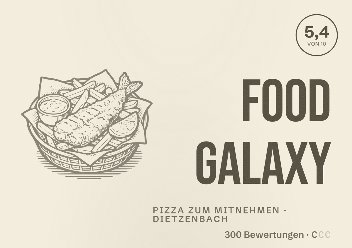 Illustriertes Poster von Food Galaxy, Pizza zum Mitnehmen in Dietzenbach: Bewertung 5,4 von 10 aus 300 Bewertungen, Preisniveau €