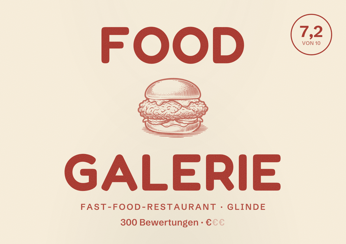 Illustriertes Poster von Food Galerie, Fast-Food-Restaurant in Glinde: Bewertung 7,2 von 10 aus 300 Bewertungen, Preisniveau €