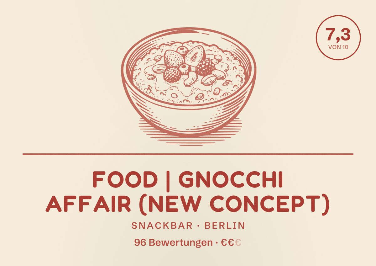 Illustriertes Poster von FOOD | Gnocchi Affair (New concept), Snackbar in Berlin: Bewertung 7,3 von 10 aus 96 Bewertungen, Preisniveau €€