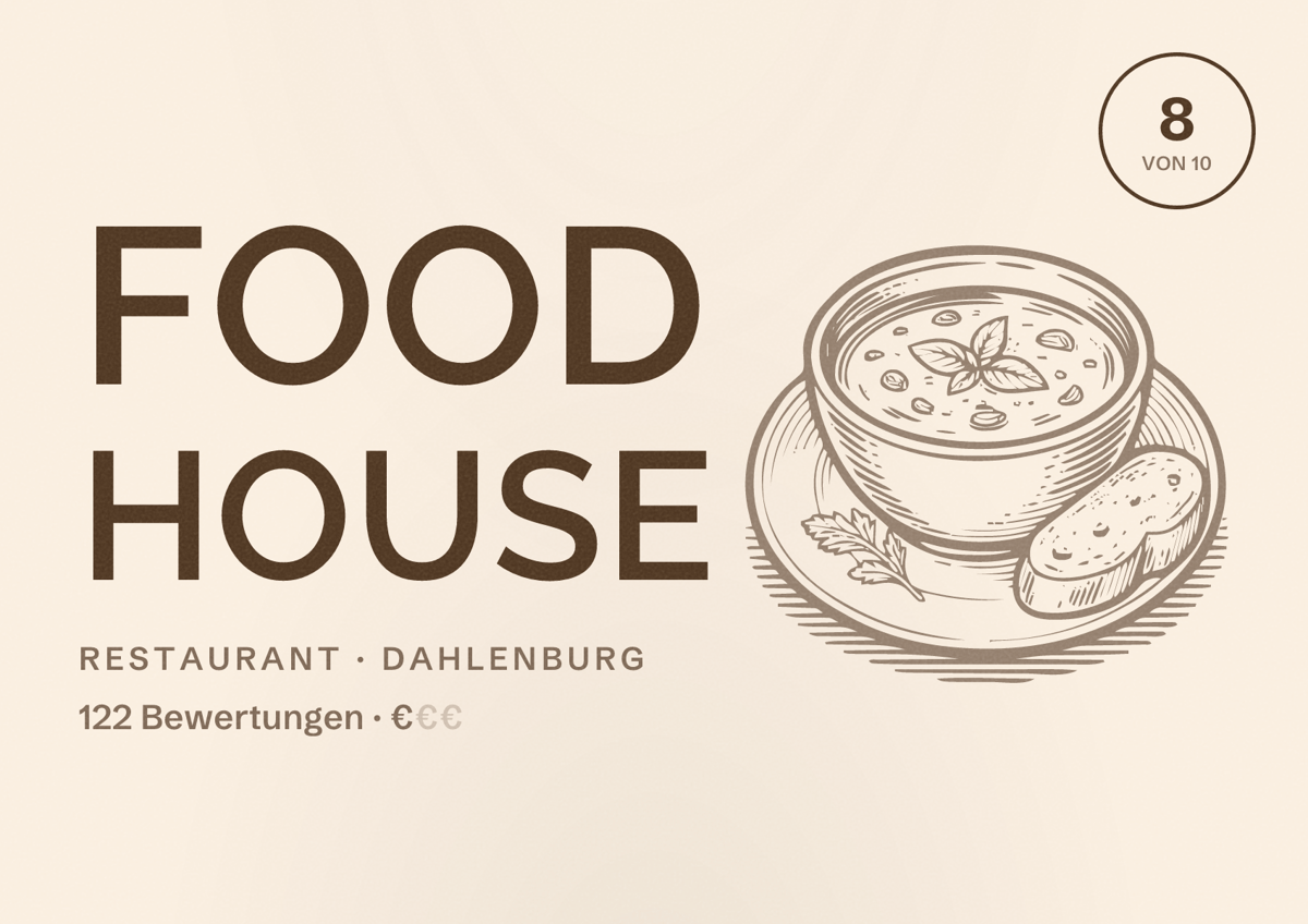 Illustriertes Poster von Food House, Restaurant in Dahlenburg: Bewertung 8 von 10 aus 122 Bewertungen, Preisniveau €
