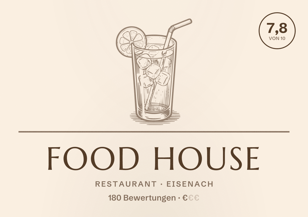 Illustriertes Poster von Food House, Restaurant in Eisenach: Bewertung 7,8 von 10 aus 180 Bewertungen, Preisniveau €