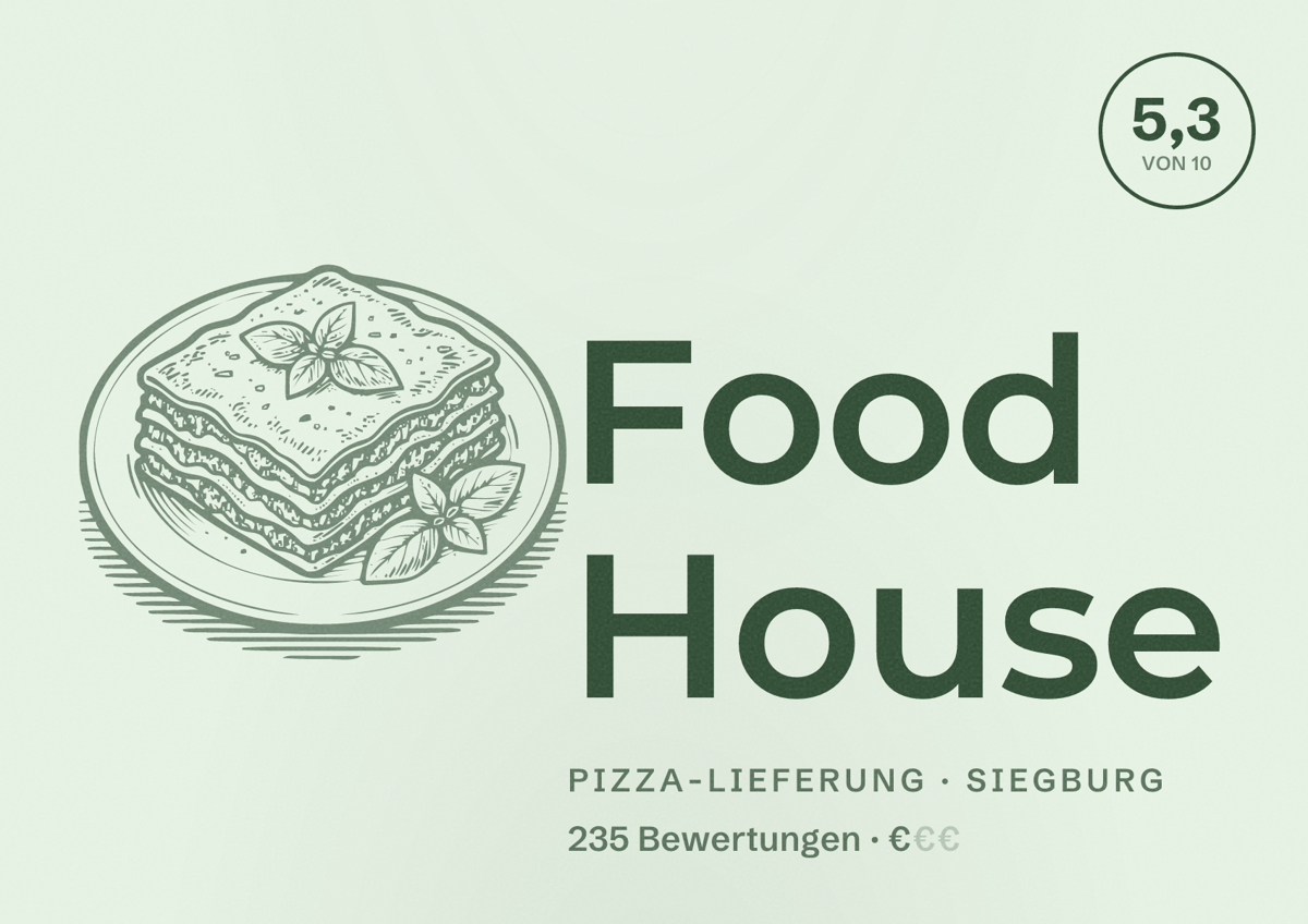 Illustriertes Poster von Food House, Pizza-Lieferung in Siegburg: Bewertung 5,3 von 10 aus 235 Bewertungen, Preisniveau €