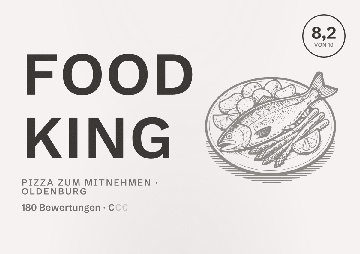 Illustriertes Poster von Food King, Pizza zum Mitnehmen in Oldenburg: Bewertung 8,2 von 10 aus 180 Bewertungen, Preisniveau €