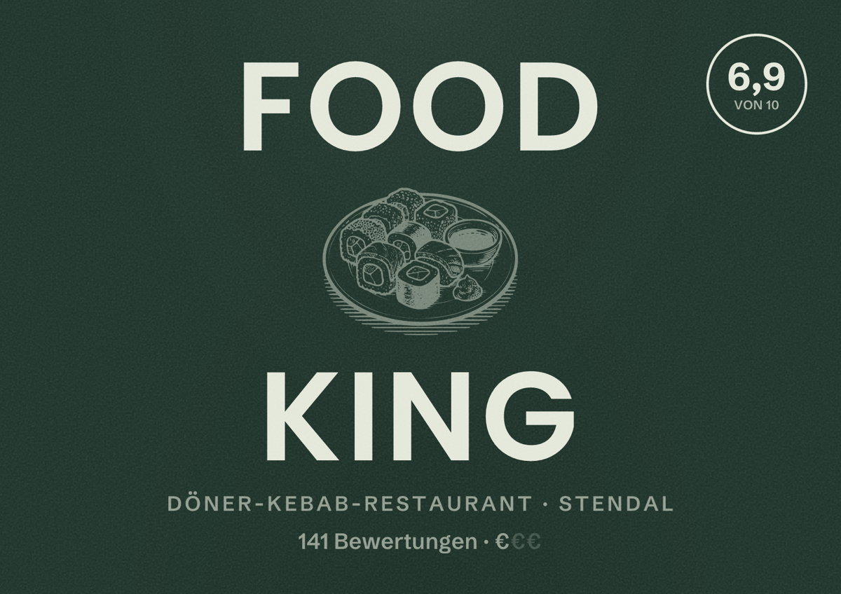 Illustriertes Poster von Food King, Döner-Kebab-Restaurant in Stendal: Bewertung 6,9 von 10 aus 141 Bewertungen, Preisniveau €