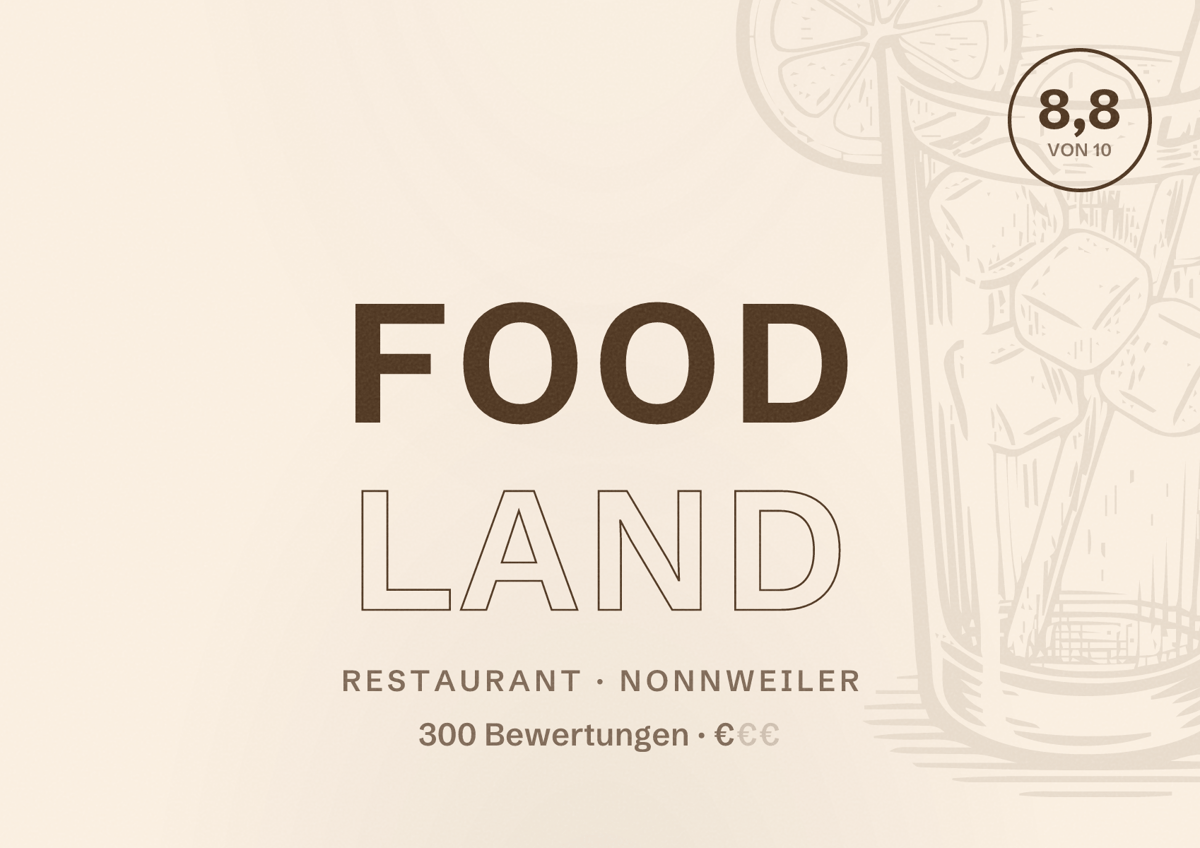 Illustriertes Poster von Food land, Restaurant in Nonnweiler: Bewertung 8,8 von 10 aus 300 Bewertungen, Preisniveau €