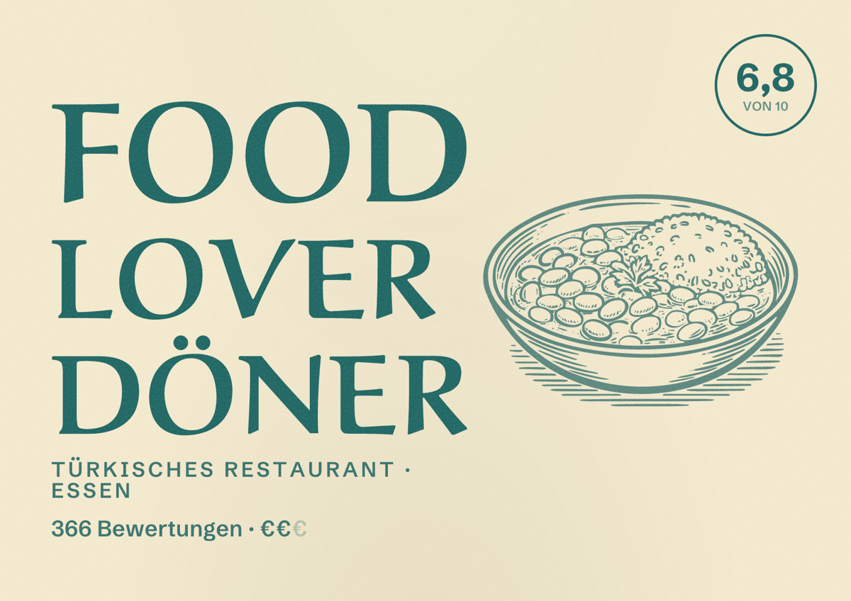 Illustriertes Poster von Food Lover Döner, Türkisches Restaurant in Essen: Bewertung 6,8 von 10 aus 366 Bewertungen, Preisniveau €€