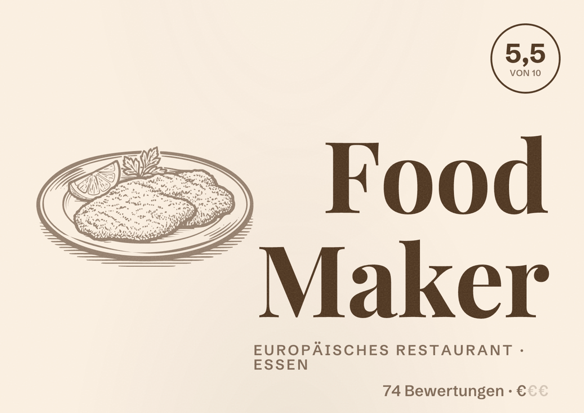 Illustriertes Poster von Food Maker, Europäisches Restaurant in Essen: Bewertung 5,5 von 10 aus 74 Bewertungen, Preisniveau €