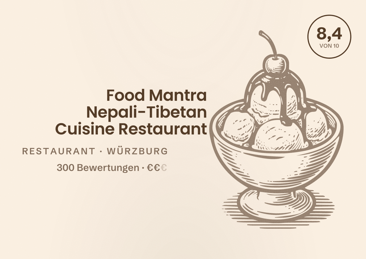 Illustriertes Poster von Food Mantra Nepali-Tibetan Cuisine Restaurant, Restaurant in Würzburg: Bewertung 8,4 von 10 aus 300 Bewertungen, Preisniveau €€