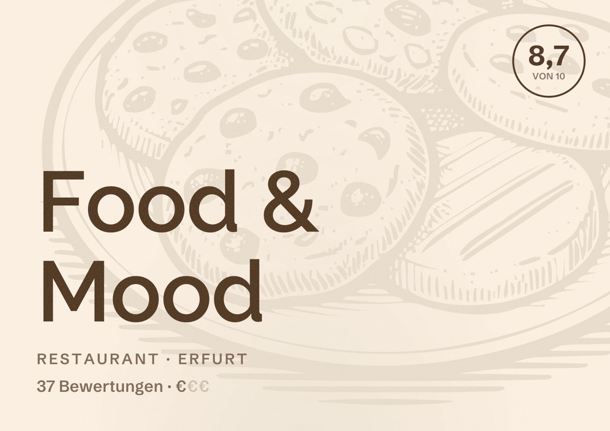 Illustriertes Poster von Food & Mood, Restaurant in Erfurt: Bewertung 8,7 von 10 aus 37 Bewertungen, Preisniveau €