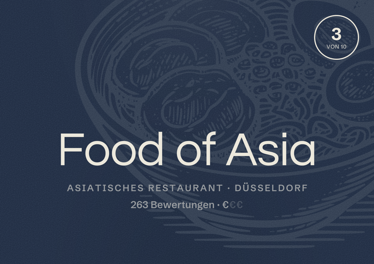 Illustriertes Poster von Food of Asia, Asiatisches Restaurant in Düsseldorf: Bewertung 3,0 von 10 aus 263 Bewertungen, Preisniveau €