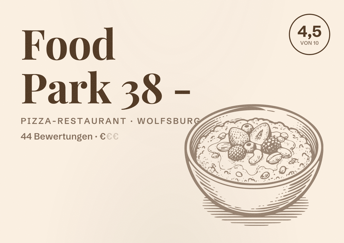 Illustriertes Poster von Food Park 38 -, Pizza-Restaurant in Wolfsburg: Bewertung 4,5 von 10 aus 44 Bewertungen, Preisniveau €
