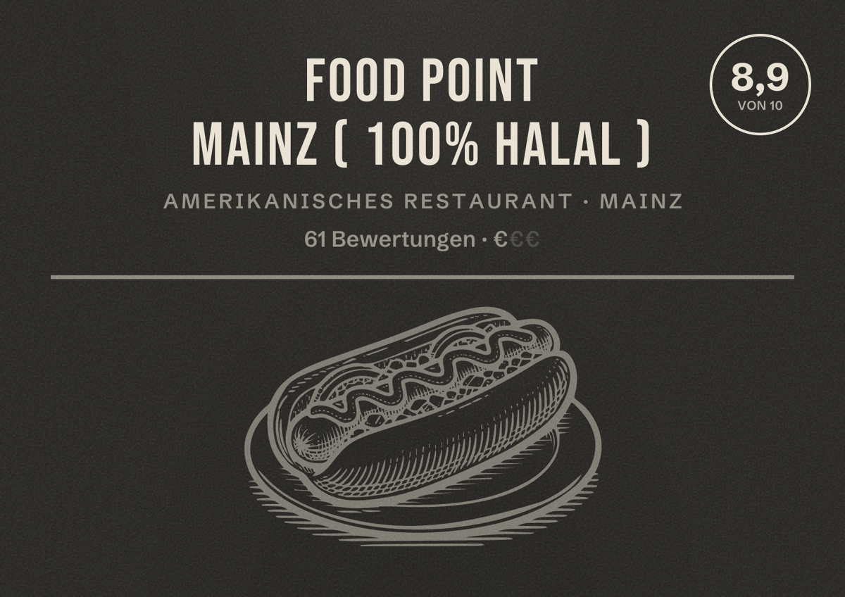 Illustriertes Poster von Food Point Mainz ( 100% Halal ), Amerikanisches Restaurant in Mainz: Bewertung 8,9 von 10 aus 61 Bewertungen, Preisniveau €