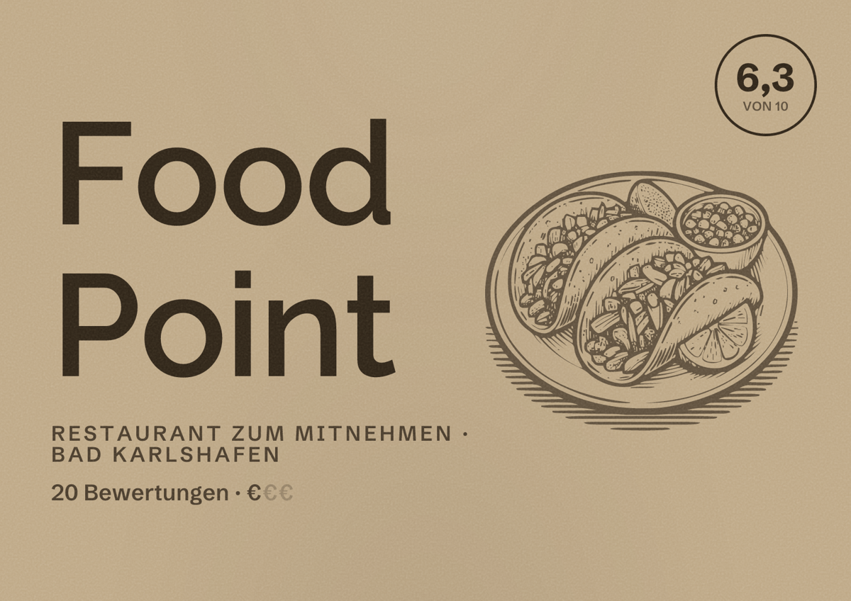 Illustriertes Poster von Food Point, Restaurant zum Mitnehmen in Bad Karlshafen: Bewertung 6,3 von 10 aus 20 Bewertungen, Preisniveau €