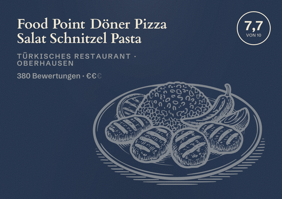 Illustriertes Poster von Food Point Döner Pizza Salat Schnitzel Pasta, Türkisches Restaurant in Oberhausen: Bewertung 7,7 von 10 aus 380 Bewertungen, Preisniveau €€