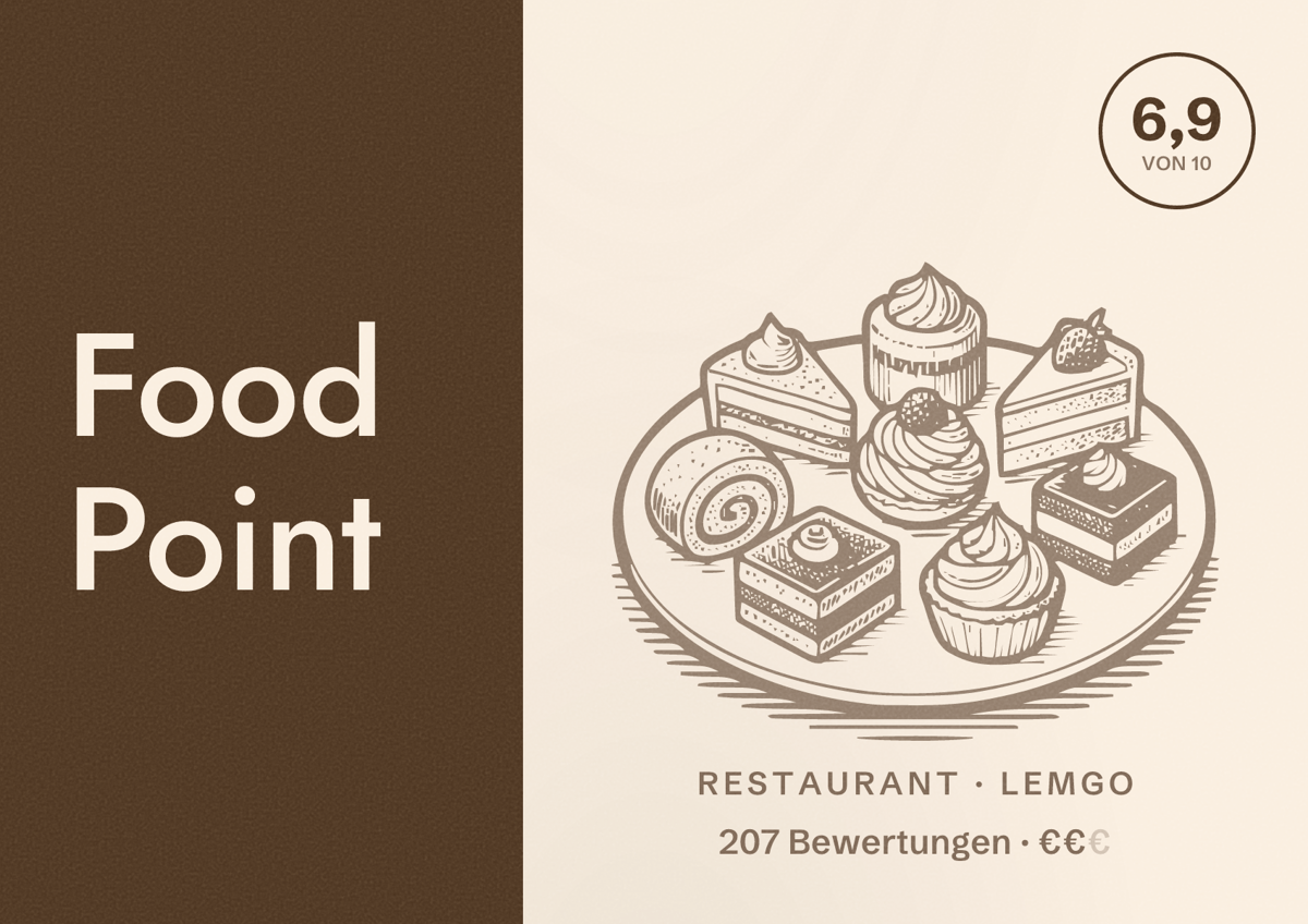 Illustriertes Poster von Food Point, Restaurant in Lemgo: Bewertung 6,9 von 10 aus 207 Bewertungen, Preisniveau €€