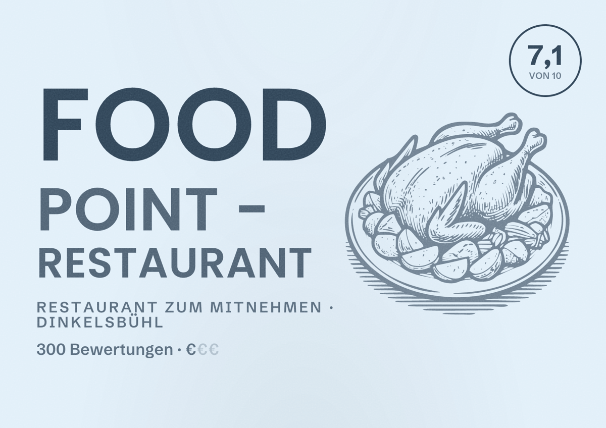 Illustriertes Poster von Food Point - Restaurant, Restaurant zum Mitnehmen in Dinkelsbühl: Bewertung 7,1 von 10 aus 300 Bewertungen, Preisniveau €