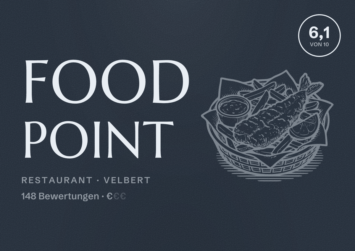 Illustriertes Poster von Food Point, Restaurant in Velbert: Bewertung 6,1 von 10 aus 148 Bewertungen, Preisniveau €