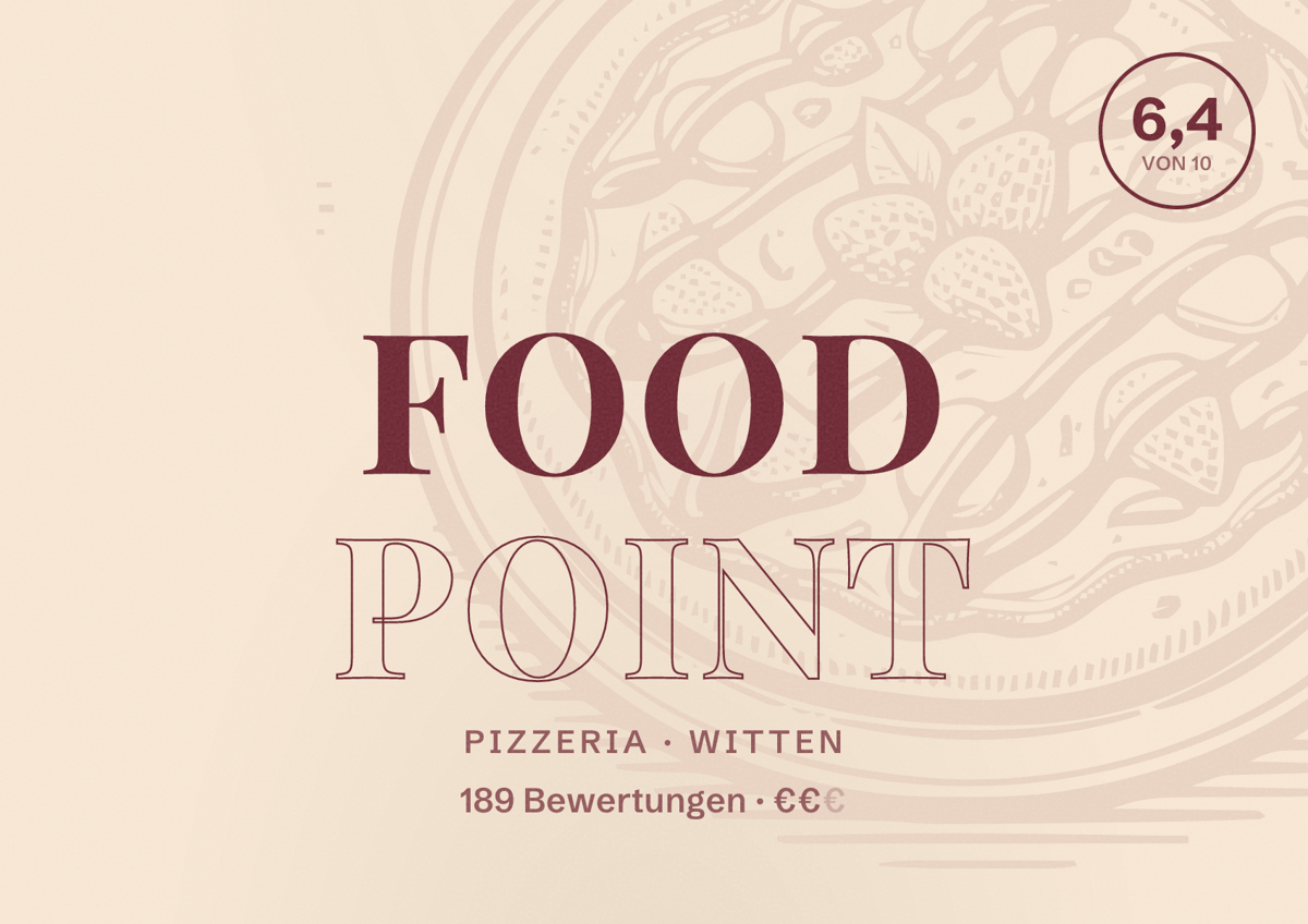 Illustriertes Poster von Food Point, Pizzeria in Witten: Gästebewertung 6,4 von 10 aus 189 Bewertungen