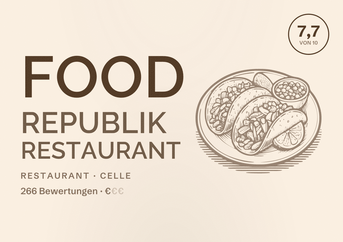 Illustriertes Poster von Food Republik Restaurant, Restaurant in Celle: Bewertung 7,7 von 10 aus 266 Bewertungen, Preisniveau €