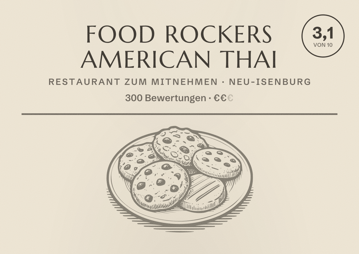 Illustriertes Poster von Food Rockers American Thai, Restaurant zum Mitnehmen in Neu-Isenburg: Bewertung 3,1 von 10 aus 300 Bewertungen, Preisniveau €€
