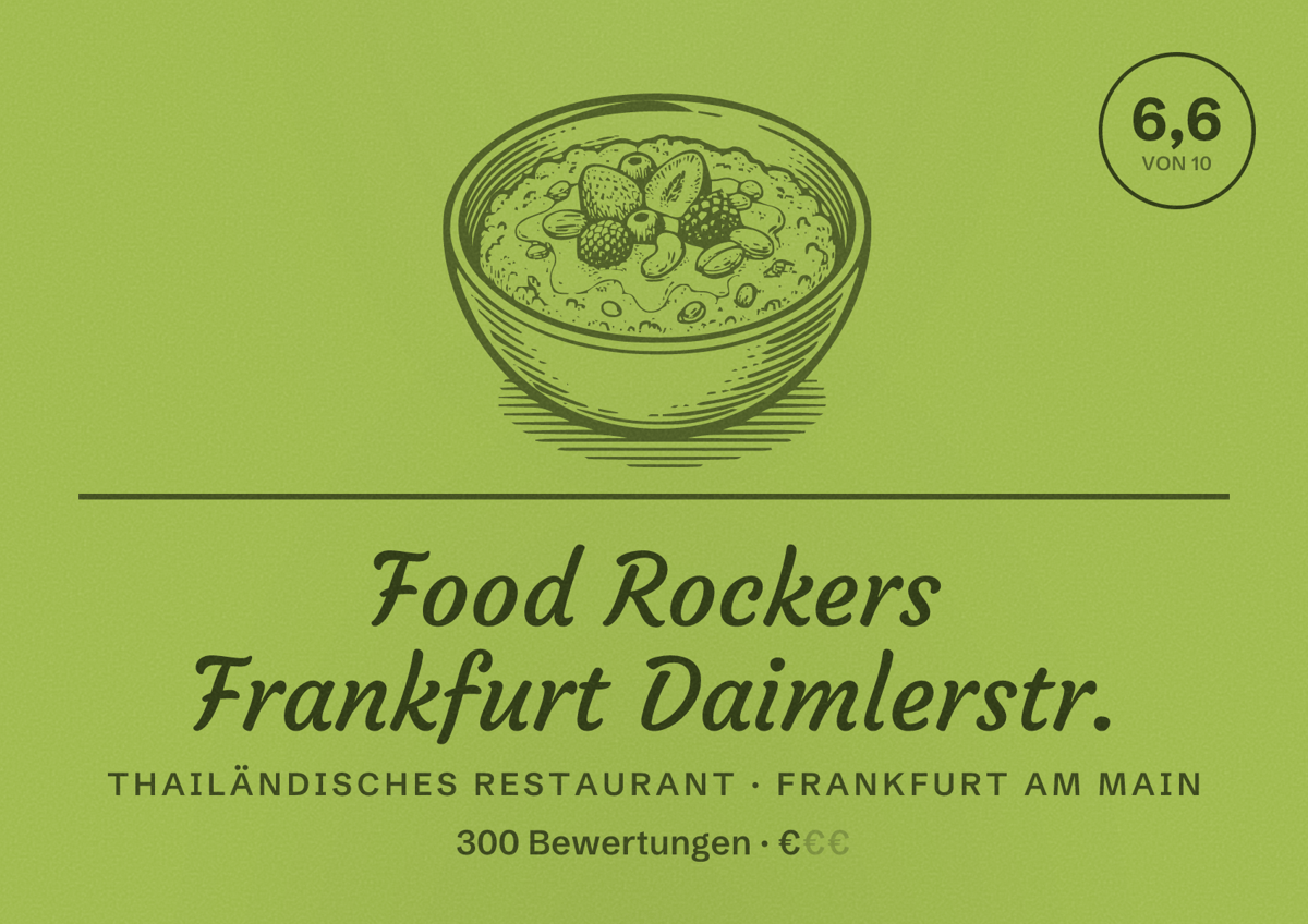 Illustriertes Poster von Food Rockers Frankfurt Daimlerstr., Thailändisches Restaurant in Frankfurt am Main: Bewertung 6,6 von 10 aus 300 Bewertungen, Preisniveau €