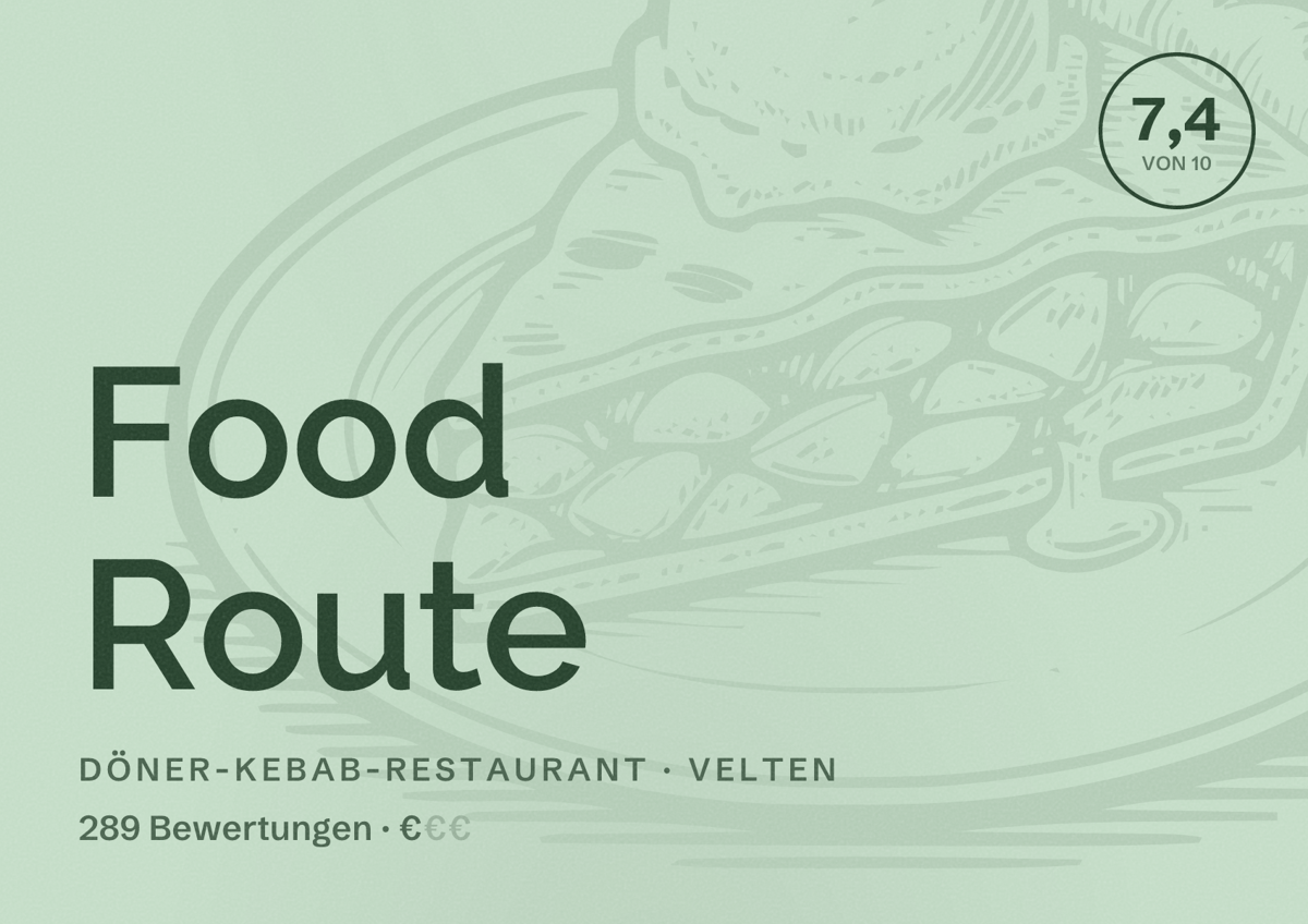 Illustriertes Poster von Food Route, Döner-Kebab-Restaurant in Velten: Bewertung 7,4 von 10 aus 289 Bewertungen, Preisniveau €