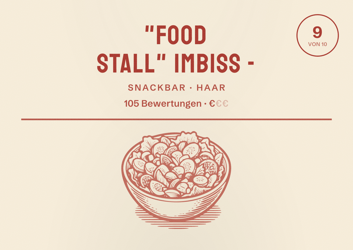 Illustriertes Poster von "Food Stall" Imbiss -, Snackbar in Haar: Bewertung 9 von 10 aus 105 Bewertungen, Preisniveau €