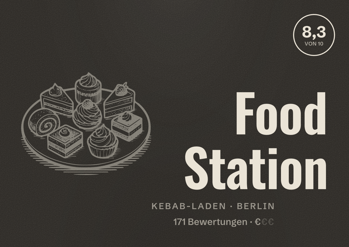 Illustriertes Poster von Food Station, Kebab-Laden in Berlin: Bewertung 8,3 von 10 aus 171 Bewertungen, Preisniveau €