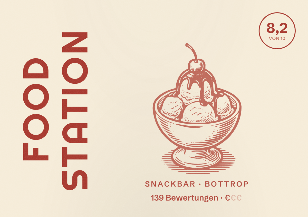 Illustriertes Poster von Food Station, Snackbar in Bottrop: Bewertung 8,2 von 10 aus 139 Bewertungen, Preisniveau €