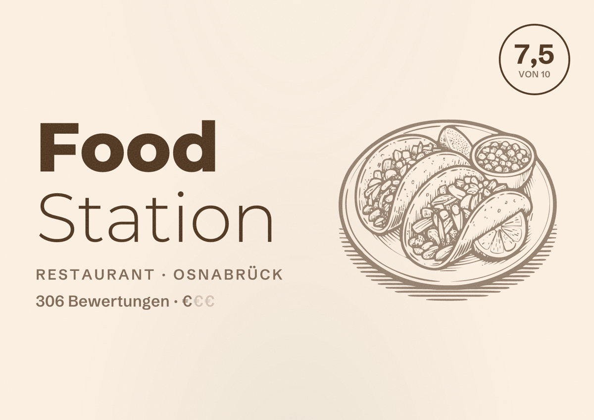 Illustriertes Poster von Food Station, Restaurant in Osnabrück: Bewertung 7,5 von 10 aus 306 Bewertungen, Preisniveau €