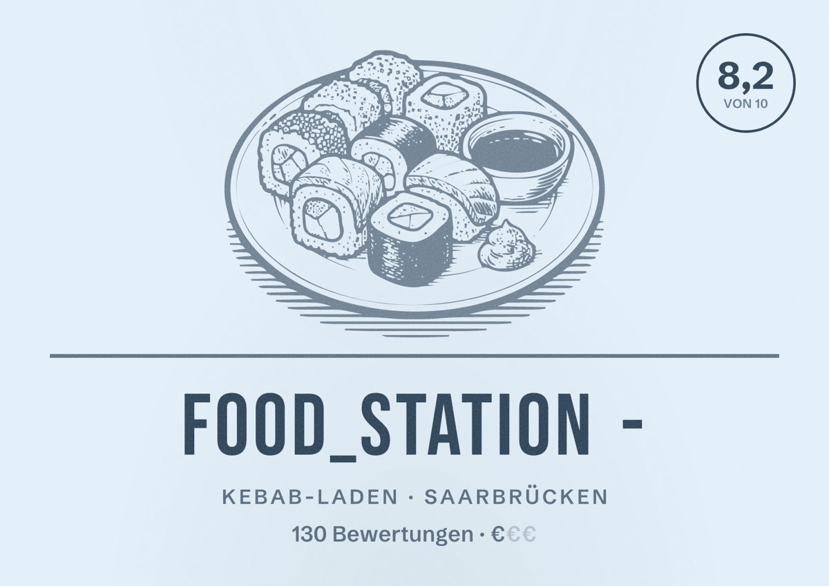 Illustriertes Poster von Food_Station -, Kebab-Laden in Saarbrücken: Bewertung 8,2 von 10 aus 130 Bewertungen, Preisniveau €