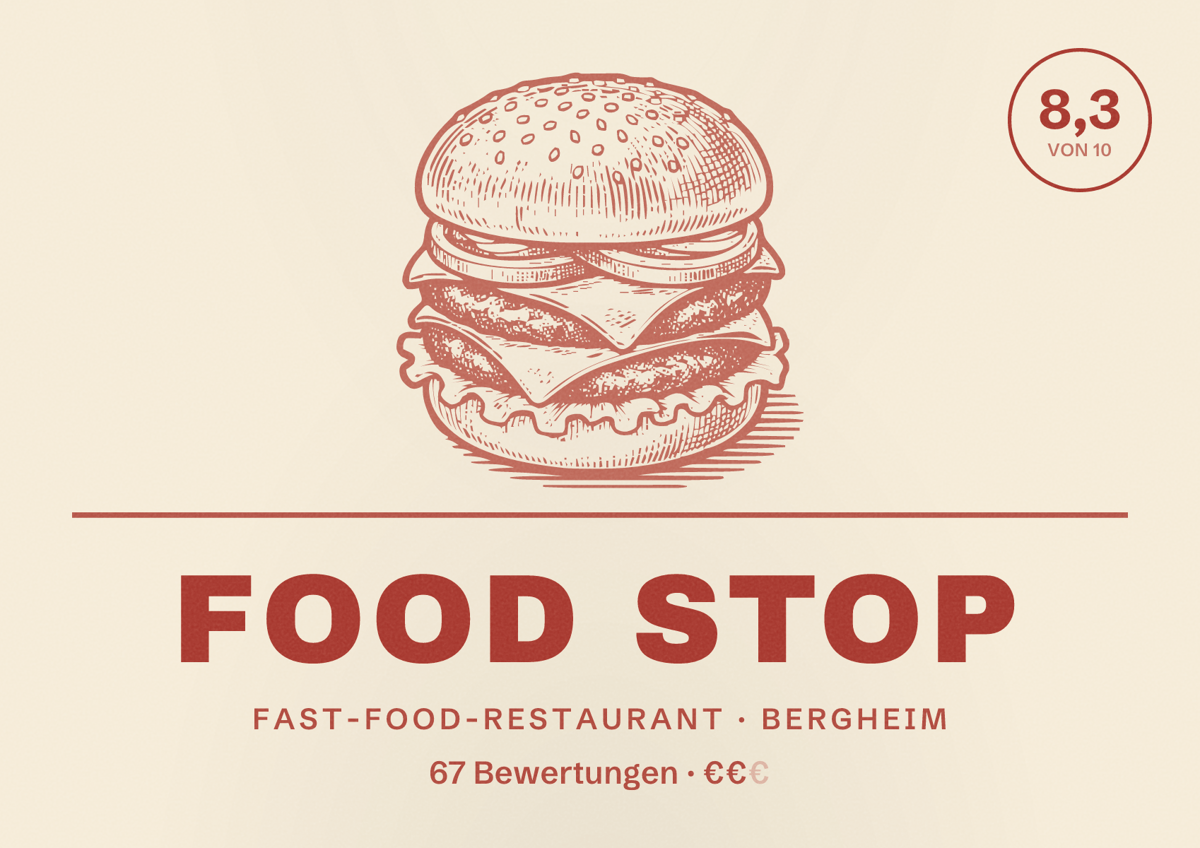 Illustriertes Poster von Food Stop, Fast-Food-Restaurant in Bergheim: Bewertung 8,3 von 10 aus 67 Bewertungen, Preisniveau €€