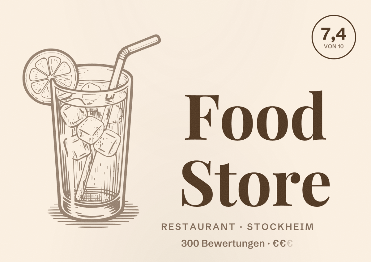 Illustriertes Poster von Food Store, Restaurant in Stockheim: Bewertung 7,4 von 10 aus 300 Bewertungen, Preisniveau €€