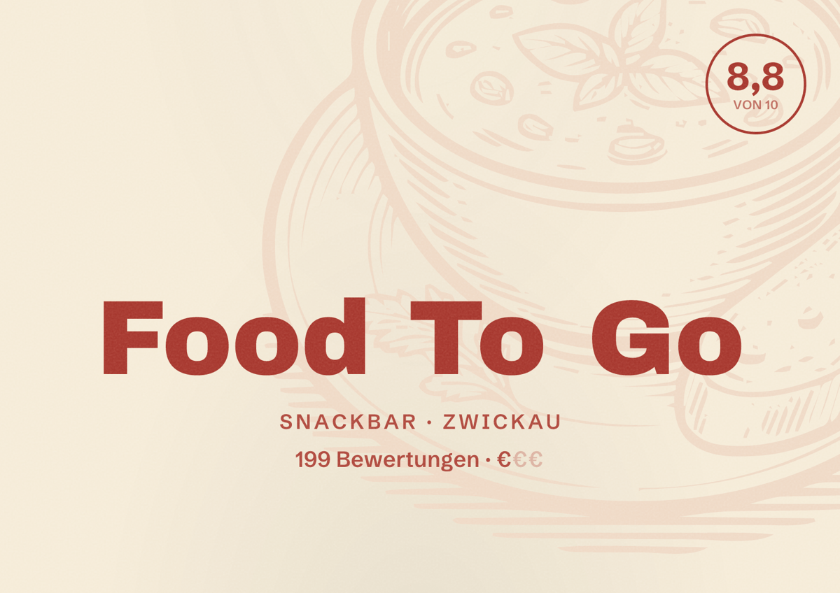 Illustriertes Poster von Food To Go, Snackbar in Zwickau: Bewertung 8,8 von 10 aus 199 Bewertungen, Preisniveau €