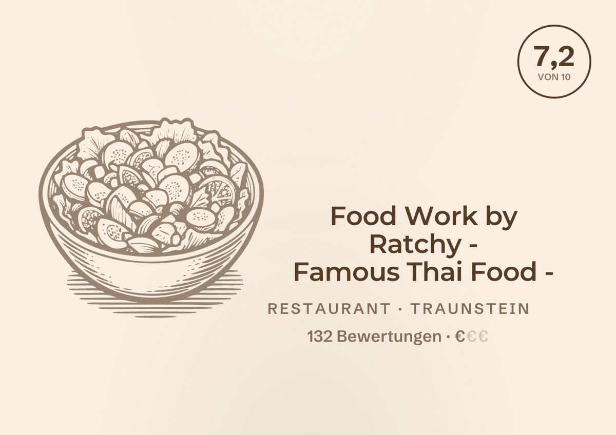 Illustriertes Poster von Food Work by Ratchy - Famous Thai Food -, Restaurant in Traunstein: Bewertung 7,2 von 10 aus 132 Bewertungen, Preisniveau €