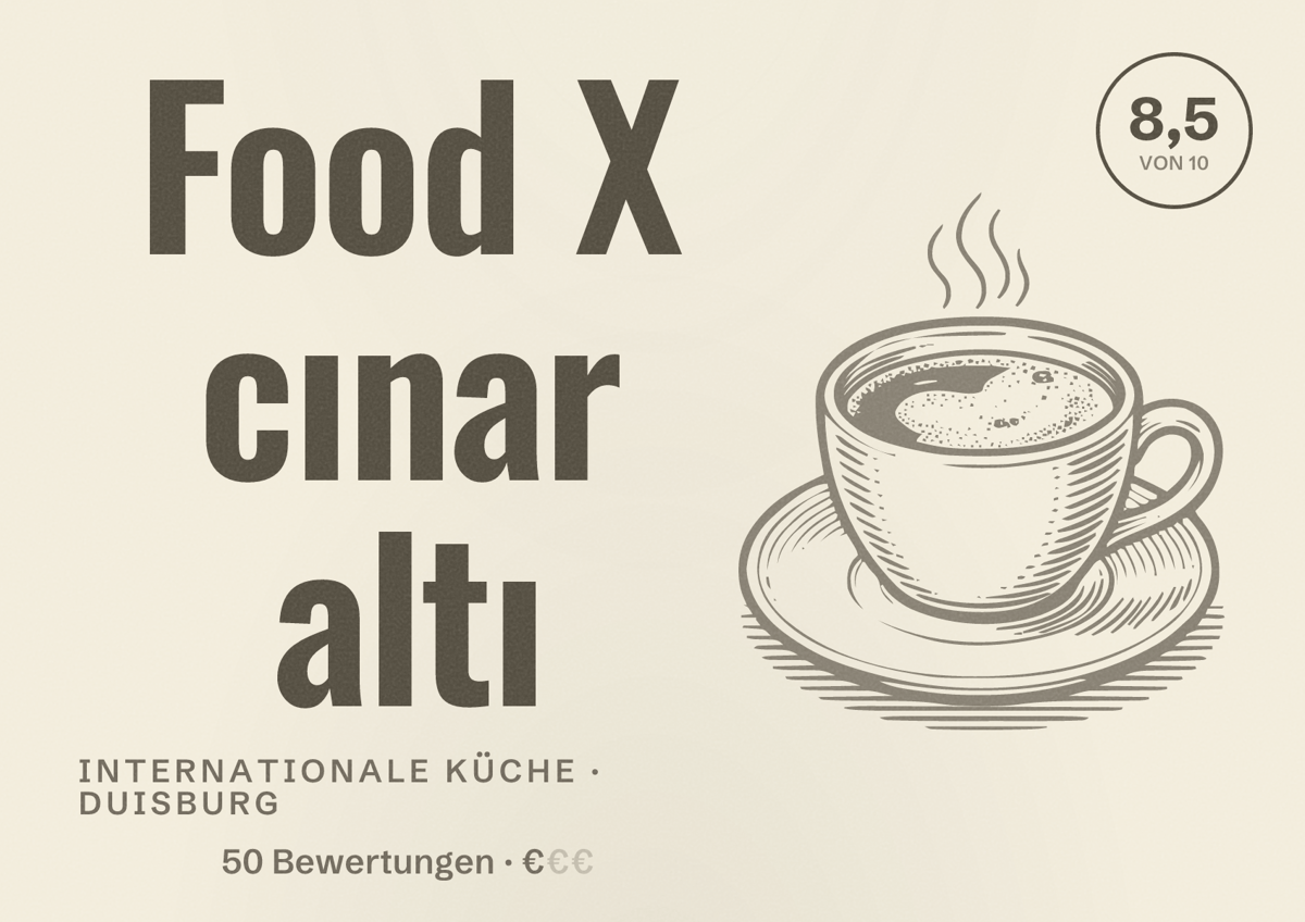 Illustriertes Poster von Food X cınar altı, Internationale Küche in Duisburg: Gästebewertung 8,5 von 10 aus 50 Bewertungen