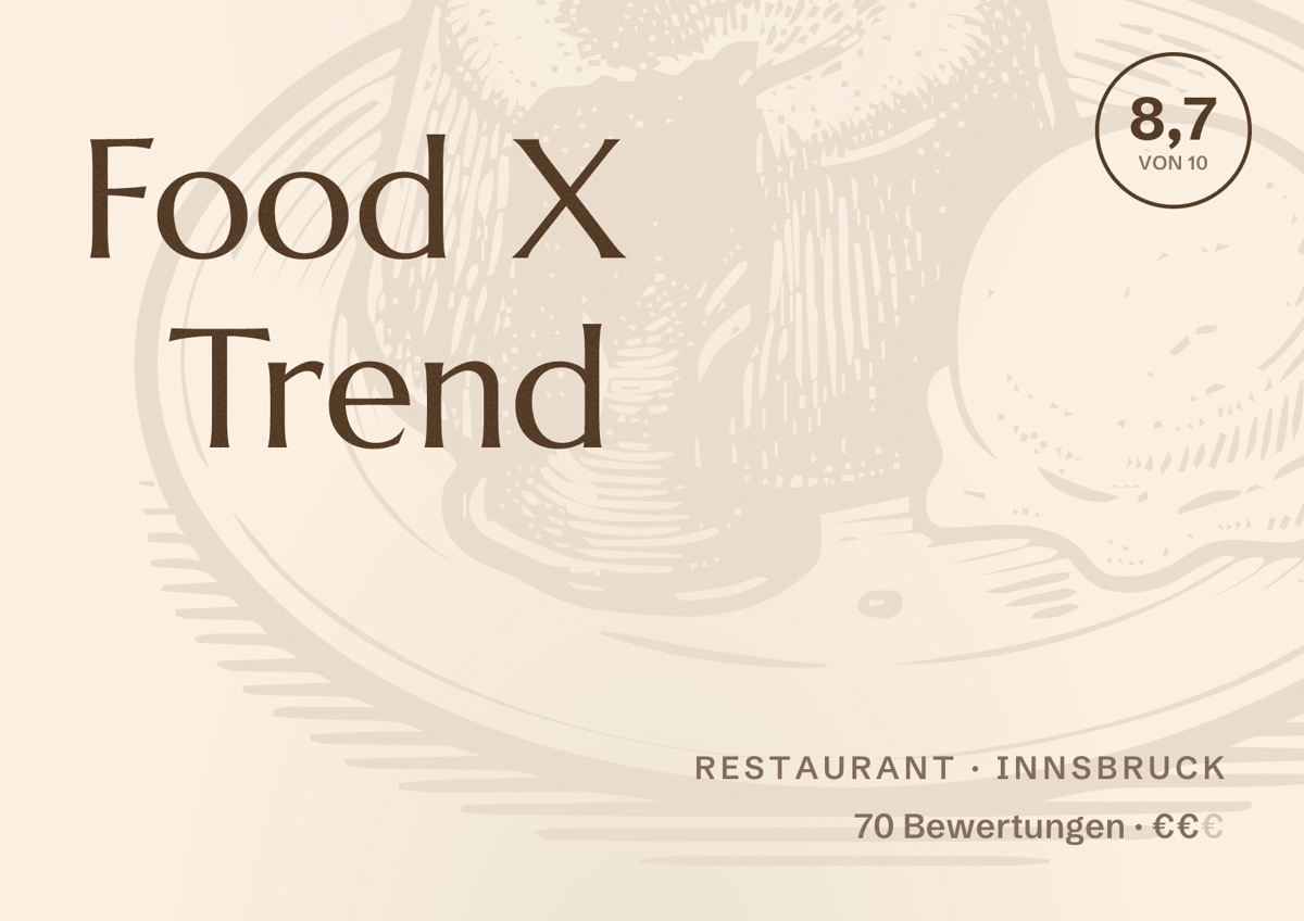 Illustriertes Poster von Food X Trend, Restaurant in Innsbruck: Bewertung 8,7 von 10 aus 70 Bewertungen, Preisniveau €€