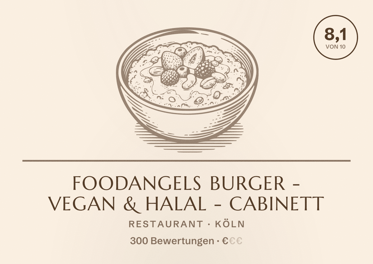 Illustriertes Poster von Foodangels Burger - Vegan & Halal - CabiNett, Restaurant in Köln: Bewertung 8,1 von 10 aus 300 Bewertungen, Preisniveau €