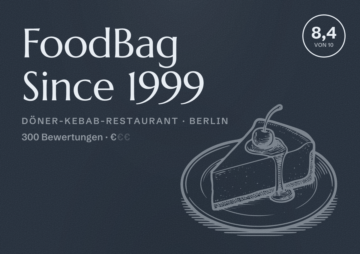 Illustriertes Poster von FoodBag Since 1999, Döner-Kebab-Restaurant in Berlin: Bewertung 8,4 von 10 aus 300 Bewertungen, Preisniveau €