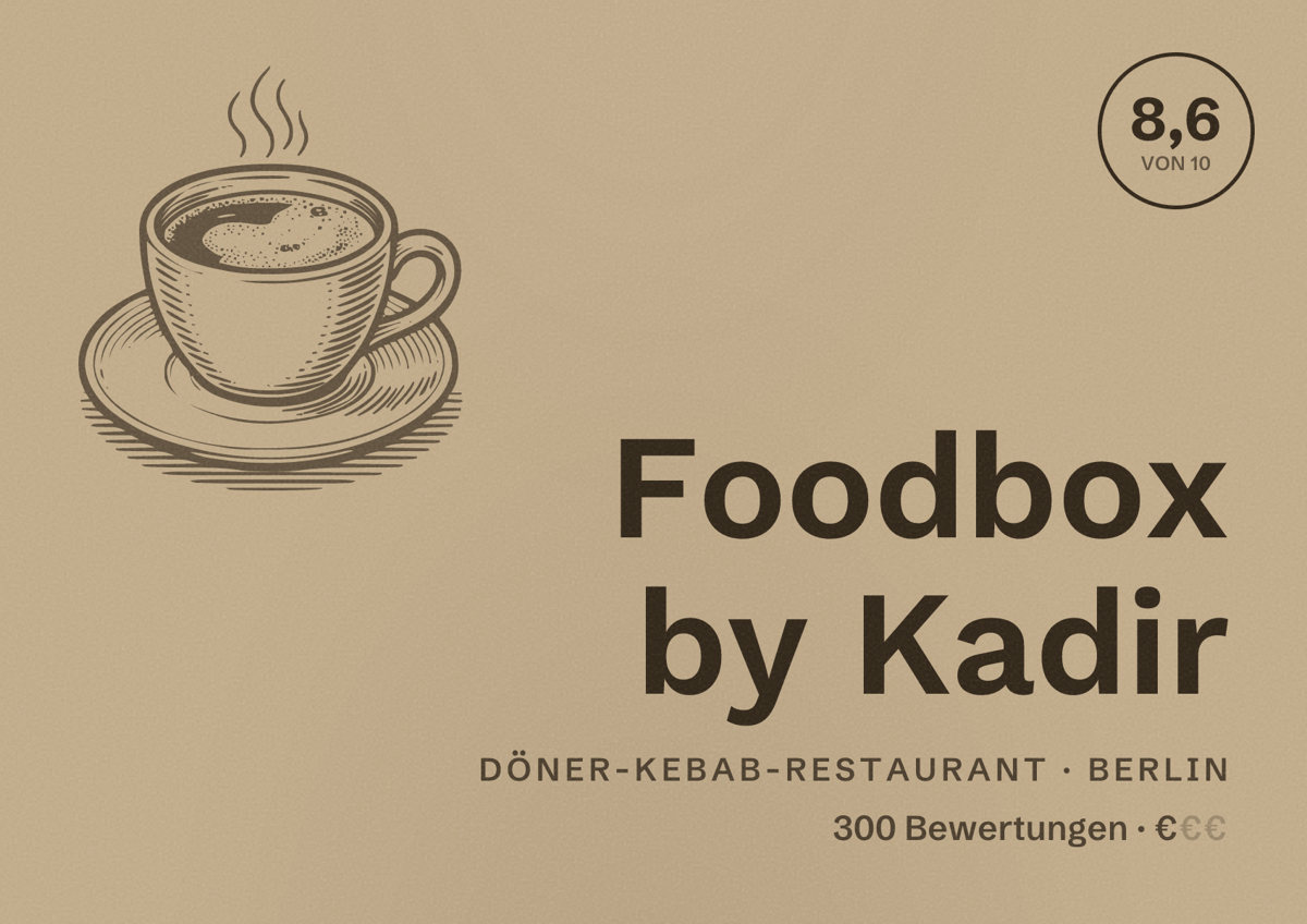 Illustriertes Poster von Foodbox by Kadir, Döner-Kebab-Restaurant in Berlin: Bewertung 8,6 von 10 aus 300 Bewertungen, Preisniveau €