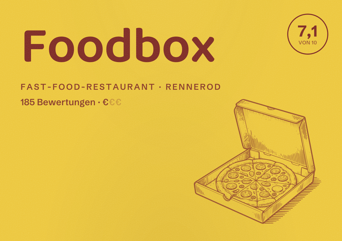 Illustriertes Poster von Foodbox, Fast-Food-Restaurant in Rennerod: Bewertung 7,1 von 10 aus 185 Bewertungen, Preisniveau €