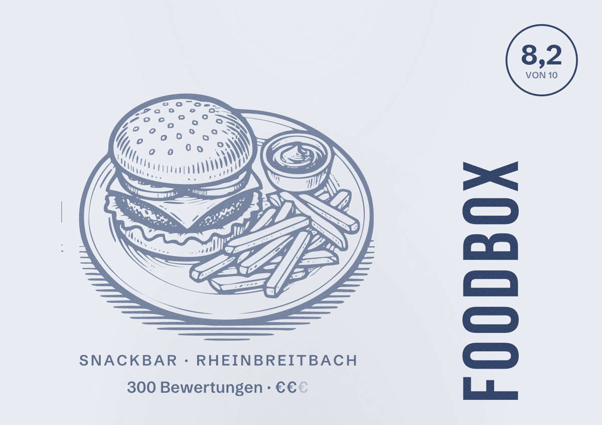 Illustriertes Poster von FoodBox, Snackbar in Rheinbreitbach: Bewertung 8,2 von 10 aus 300 Bewertungen, Preisniveau €€