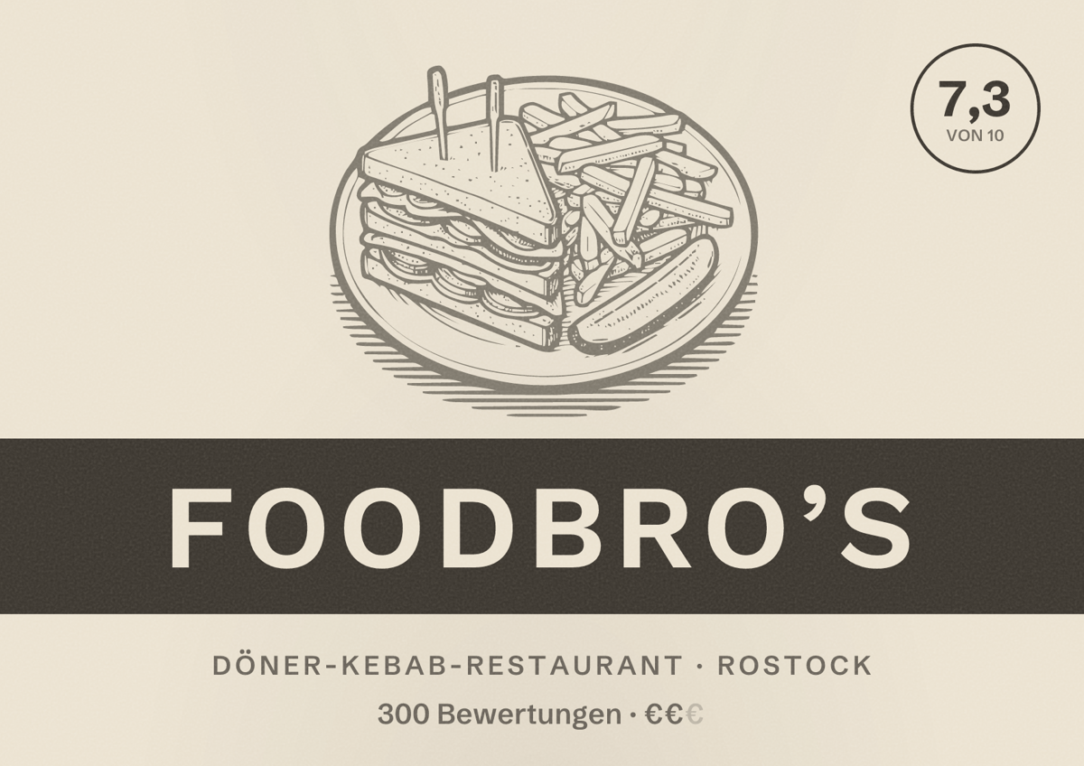 Illustriertes Poster von FoodBro’s, Döner-Kebab-Restaurant in Rostock: Bewertung 7,3 von 10 aus 300 Bewertungen, Preisniveau €€