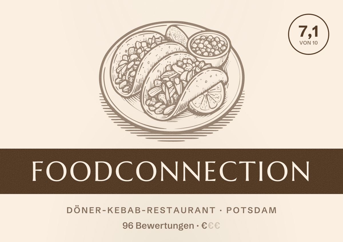 Illustriertes Poster von FoodConnection, Döner-Kebab-Restaurant in Potsdam: Bewertung 7,1 von 10 aus 96 Bewertungen, Preisniveau €