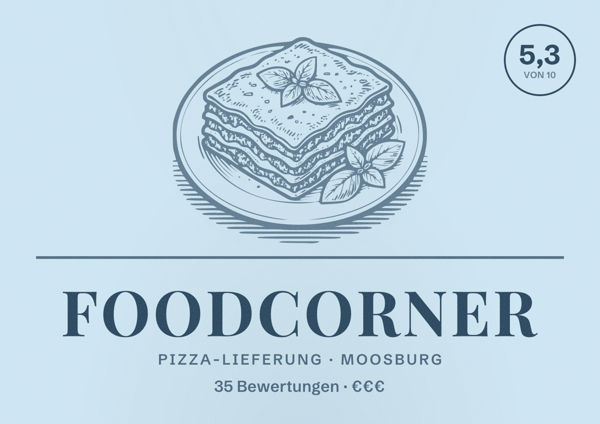Illustriertes Poster von Foodcorner, Pizza-Lieferung in Moosburg: Bewertung 5,3 von 10 aus 35 Bewertungen, Preisniveau €€€