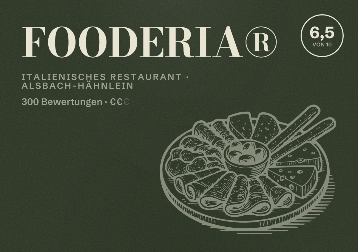 Illustriertes Poster von FOODERIA®, Italienisches Restaurant in Alsbach-Hähnlein: Bewertung 6,5 von 10 aus 300 Bewertungen, Preisniveau €€