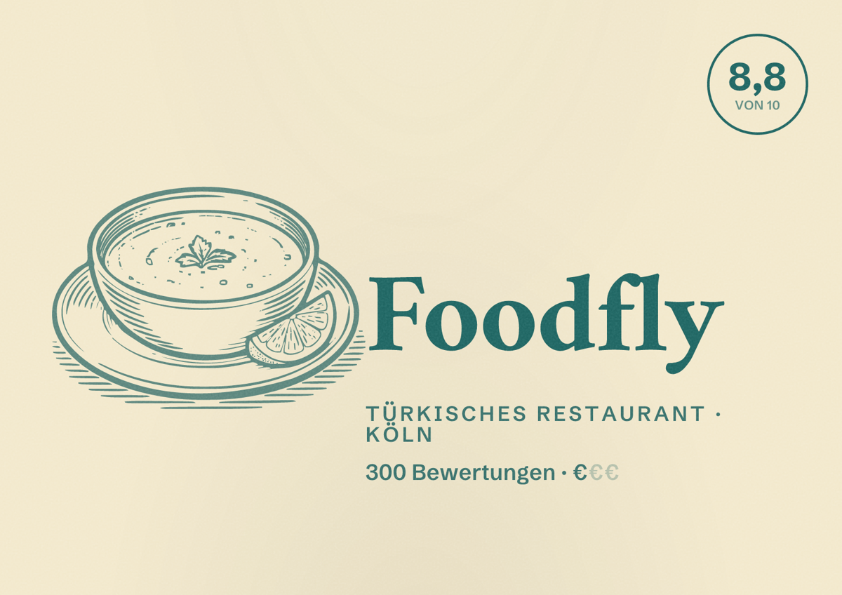 Illustriertes Poster von Foodfly, Türkisches Restaurant in Köln: Bewertung 8,8 von 10 aus 300 Bewertungen, Preisniveau €